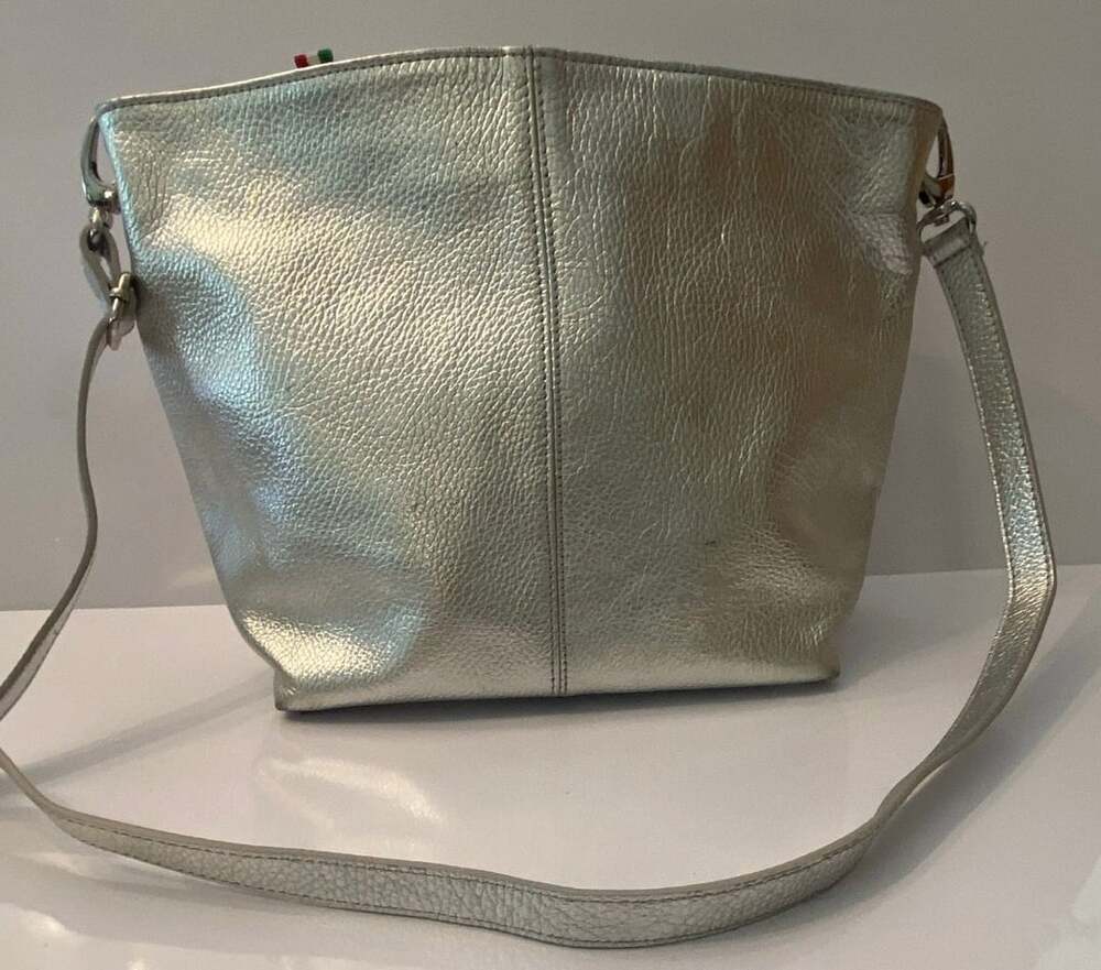 Italian Leather Metallic Silver Crossbody Bag Hobo Purse